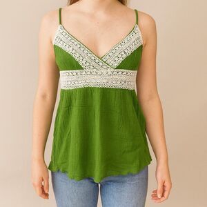 FANG Solid Green white lace trim Cami 100% Cotton Tank Top Blouse Size L